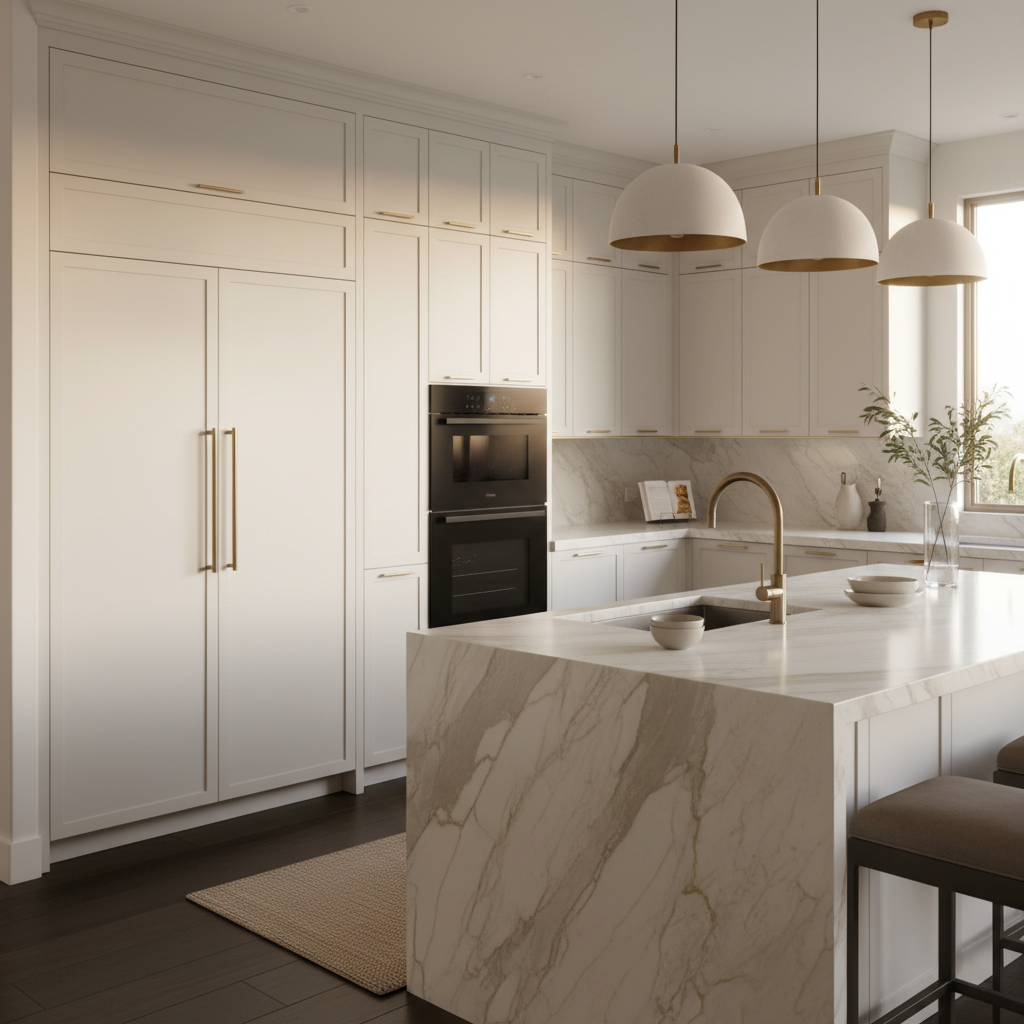 Bright upscale kitchen with integrated Sub-Zero appliances